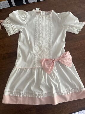 Vintage Emily West white and pink dress with lace and bow detailing